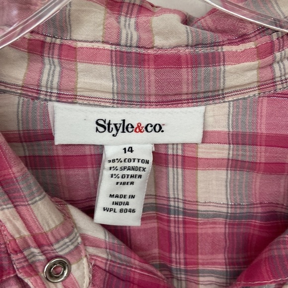 Style & Co. pink plaid western style snap up blouse size 14 silver streaks - Picture 4 of 12